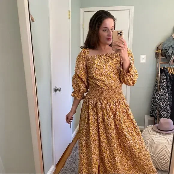 RIXO London Floral Dainty Ditsy Cottagecore Orange Maxi Dress Puff Sleeve M - Picture 7 of 16